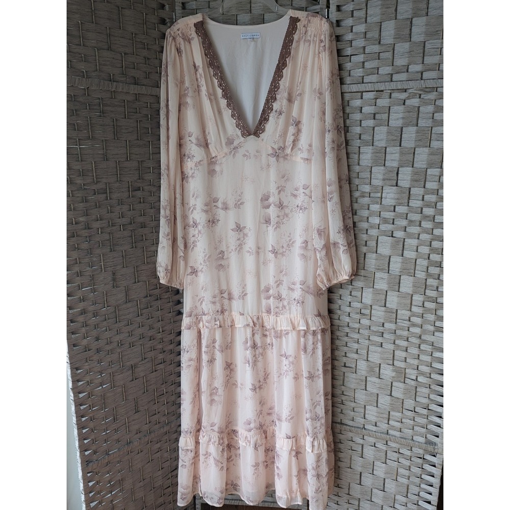Baltic Born Maxi Dress Cream Floral Lace V-Neck Long Sleeve XL Ruffle Tiered